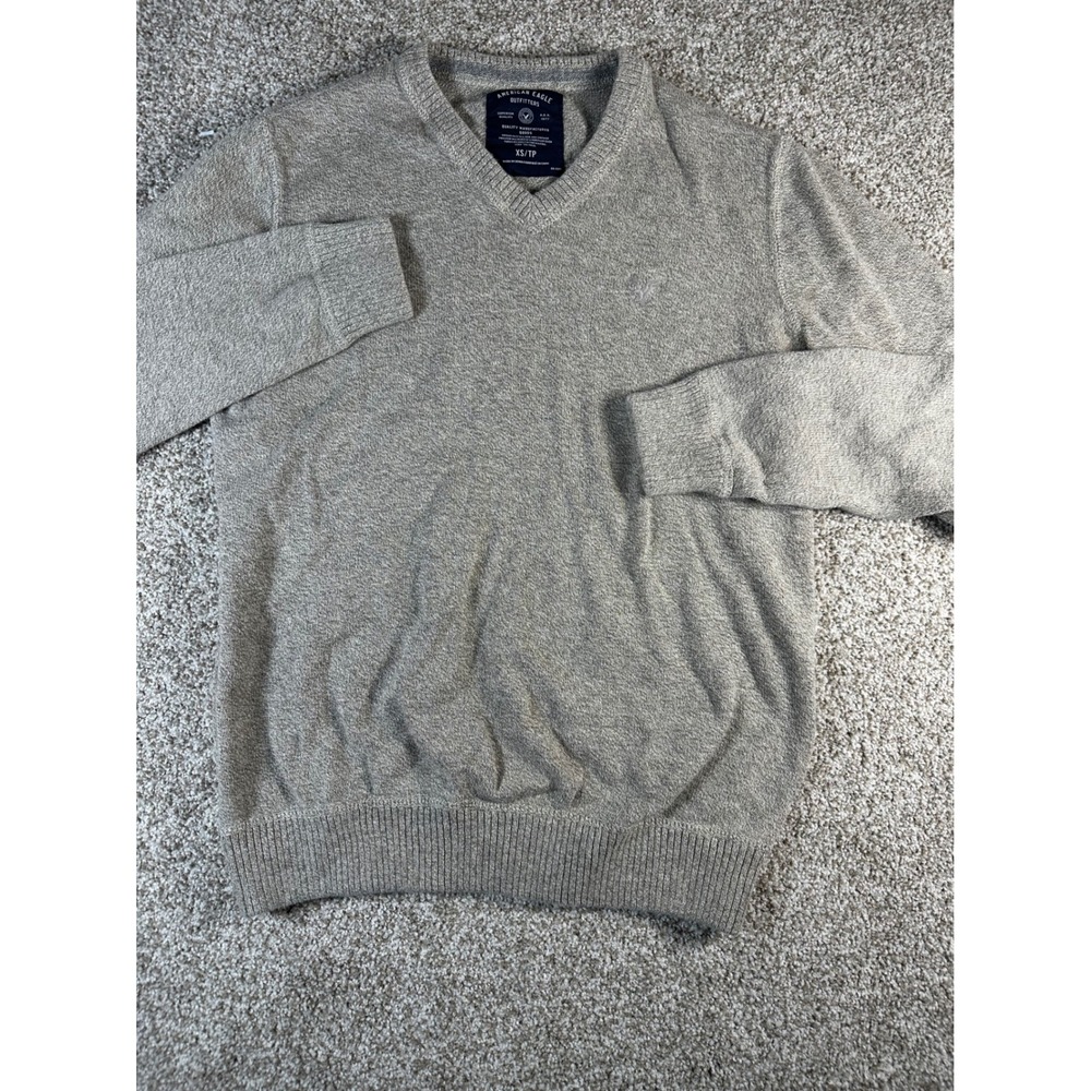 American Eagle Mens XS V-Neck Sweater Heathered Tan Cotton Pullover Knit